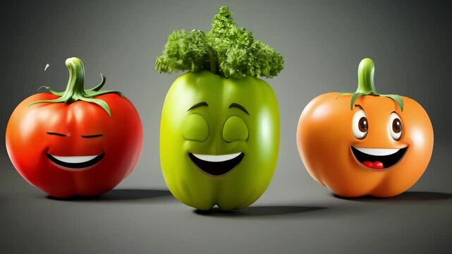 Watch as charming, animated fruit and vegetable characters come to life with vibrant expressions, each showcasing their playful traits in a whimsical display of color and fun.