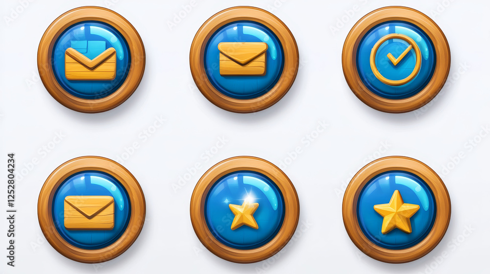 Poster circle blue buttons with wooden frame and web icons. vector cartoon set of ui elements for game menu