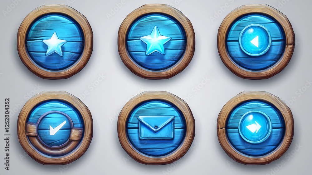 Poster circle blue buttons with wooden frame and web icons. vector cartoon set of ui elements for game menu
