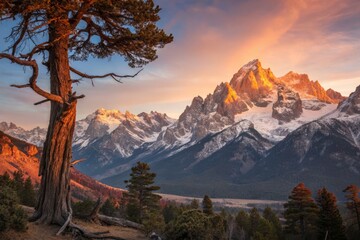 Obraz premium Majestic Mountain Ranges Bow Before Divine Sunrise: Panoramic Landscape Photography