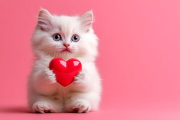Ad campaign visual idea. Himalayan - my desired cat. Cute himalayan young cat with critter toy red heart - emblem of love, funny greeting card. Kitten love valentine. Cute heart animal photo.