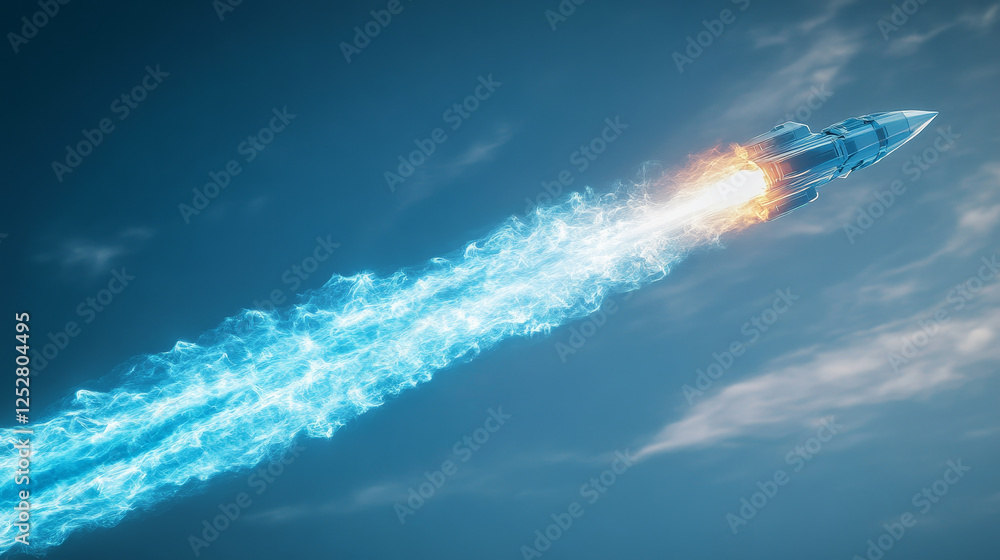 Poster jetpack smoke cloud trail with blue fire vector effect. rocket speed contrail in sky air 3d realisti