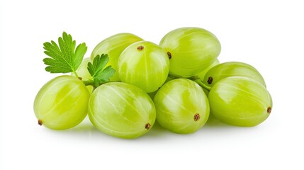 Fresh Green Gooseberries with Leaves on a Clean White Background Highlighting Their Juicy Texture