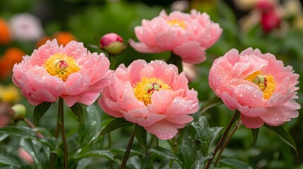 Fototapeta premium Delicate Pink Peonies Glistening with Raindrops in Blooming Garden