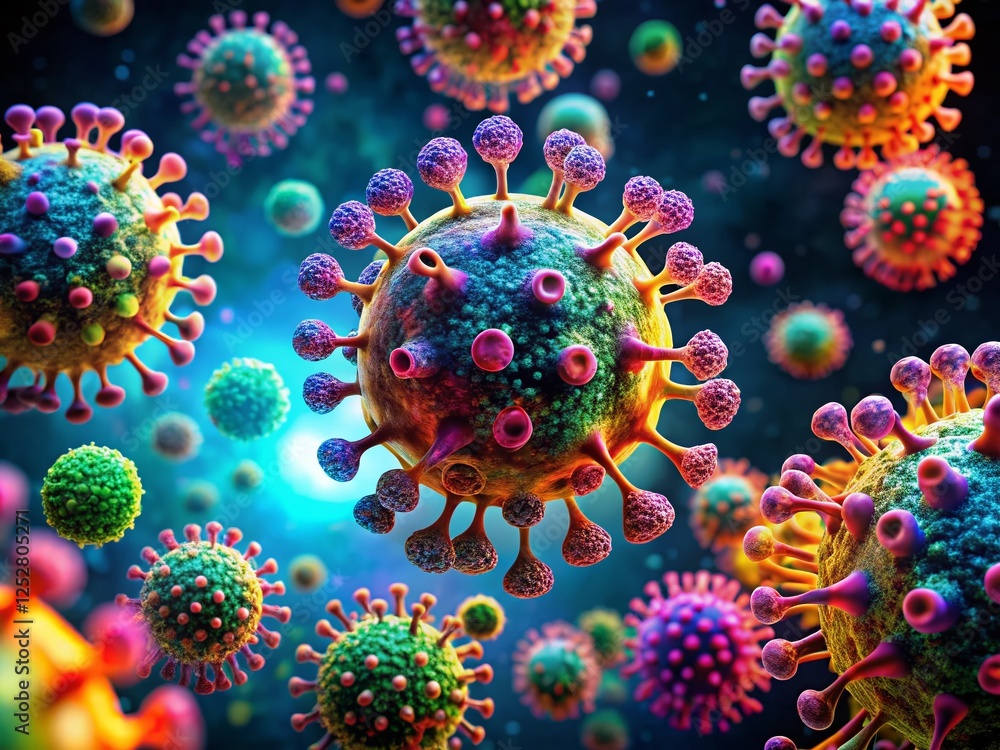 Aufkleber abstract 3d render of virus cells: microscopic cellular structure, biomedical science background