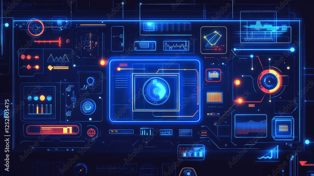 Poster minimalistic poster layout in y2k style with bright neon colors simple elements and icons on dark bl