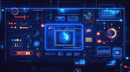 Fototapeta premium Minimalistic poster layout in y2k style with bright neon colors simple elements and icons on dark blue background. Vector set of banner design template in retro rave aesthetic with geometric shapes.