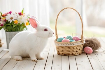  A pure white rabbit with soft pink ears sits calmly on a rustic wooden bench, enjoying the fresh air.