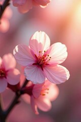 Obraz premium Delicate cherry blossom petals unfurl in warm sunlight, nature, spring, soft focus