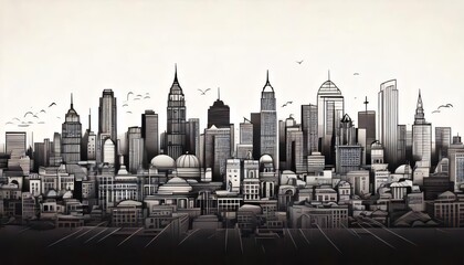 A simple outline of a city skyline in black and white with ample negative space