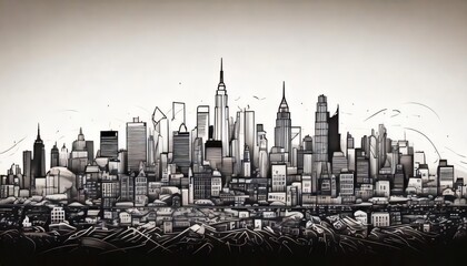 A simple outline of a city skyline in black and white with ample negative space