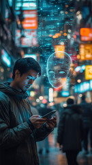Fototapeta premium AI Assistant Chat in a Vibrant Urban Scene