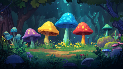 Fototapeta premium Fantasy mushrooms set isolated on background. Vector cartoon illustration of magic fungi in neon blue, green, yellow, red, turquoise colors, fairytale forest design elements for game user interface