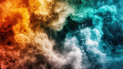 Obraz premium Colorful abstract smoke waves in vibrant orange, teal, and gray tones creating a mystical background for creative concept designs and artistic projects