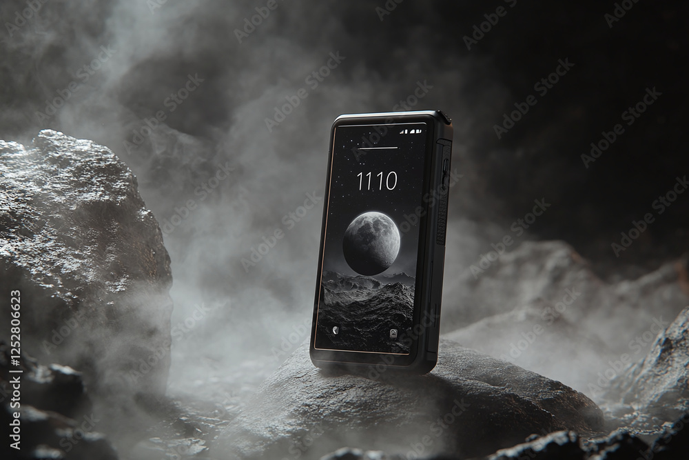 Poster a smartphone standing vertically on a rocky surface. the phone's screen displays an image of the moo