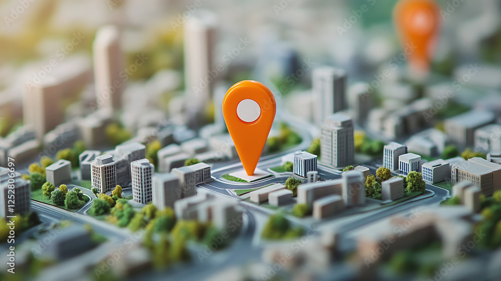 Poster stylized city map with miniature buildings and trees. there is an orange location marker in the cent