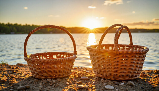 Woven baskets by serene lakeside at sunset, offerings to nature