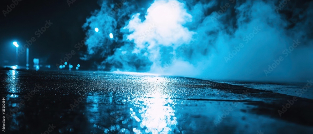 Poster night scene featuring a wet road illuminated by streetlights with fog and reflections creating a moo