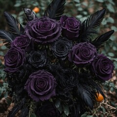 A Halloween-inspired floral display with dark purple roses and black feathers.