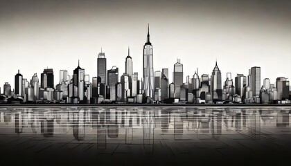 A simple outline of a city skyline in black and white with ample negative space