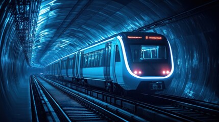Naklejka premium Futuristic Blue Train in Illuminated Underground Tunnel