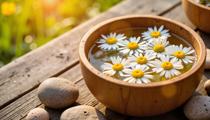 Fototapeta premium Tranquil chamomile water bowl with flowers at sunset, inner peace