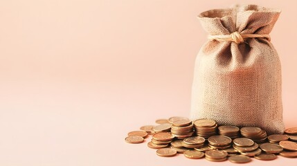 Burlap Bag Filled with Coins on a Soft Pink Background