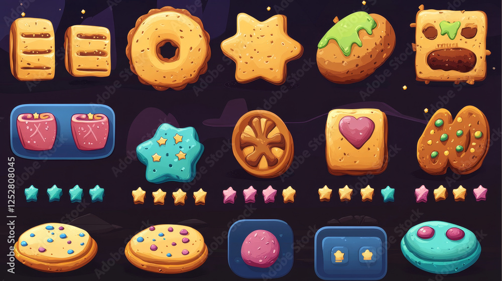 Poster cookie game interface cartoon set. vector illustration of ui elements, menu, player level score, win