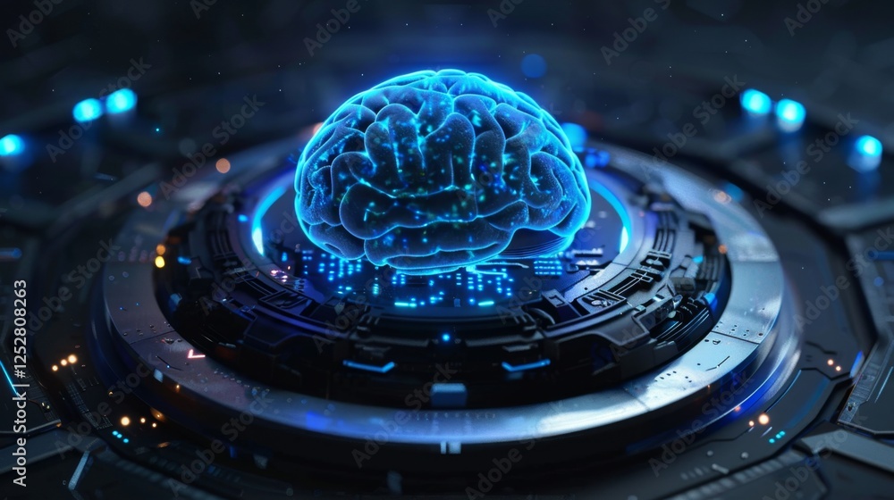 Poster illuminated digital brain model on a futuristic interface in a high-tech laboratory