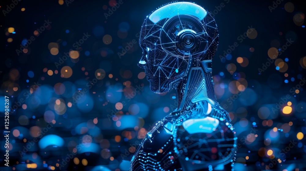 Poster futuristic humanoid robot in a cybernetic environment with glowing blue lights and intricate pattern
