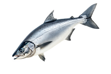 Fototapeta premium Raw salmon fish with detailed fins and scales, isolated on white transparent background, concept of marine life.