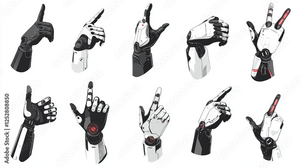 Poster ai robot hand gesture icon set. virtual mechanical arm point and thumb up finger position. futuristi