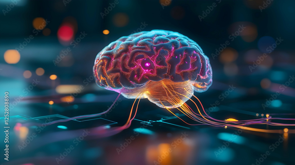 Poster a vibrant, futuristic representation of a brain, illuminated with neon colors and interconnected lin