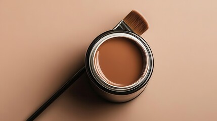 Top view Brush lying on top of a can of paint, Mocha Mousse colored image, minimalism