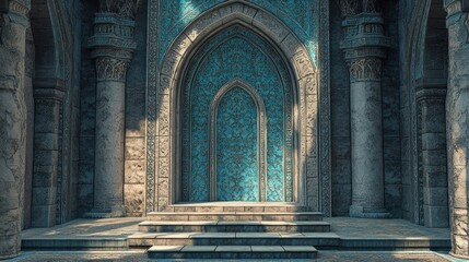 Ornate entrance with intricate carvings and blue accents, surrounded by majestic stone columns