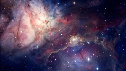 Obraz premium The Orion Nebula glows in space, surrounded by abstract galaxies and a vibrant cosmic background. 