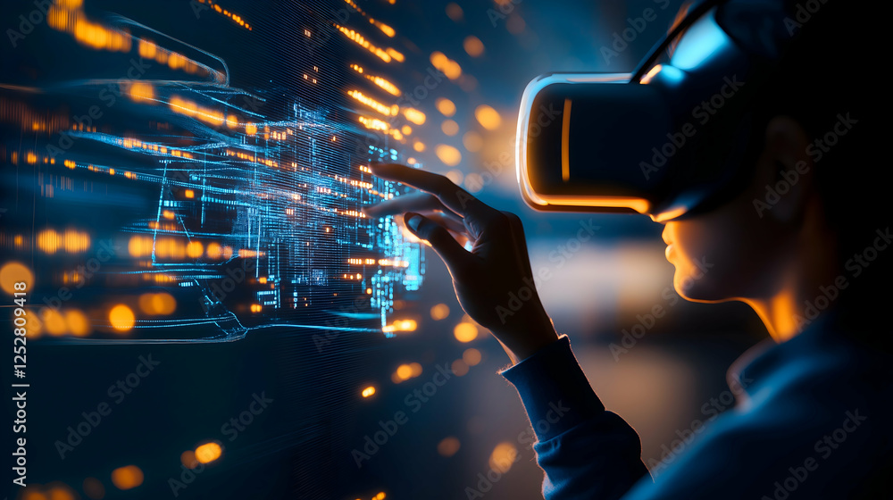 Poster a user interacts with virtual reality technology, surrounded by glowing data streams, showcasing the