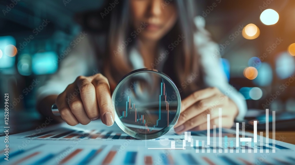 Poster analyst examining financial reports with a magnifying glass in a modern office setting during the ev