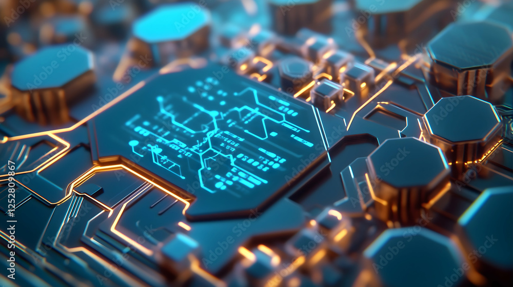 Poster a close-up of a futuristic circuit board displaying glowing blue patterns and intricate circuitry de