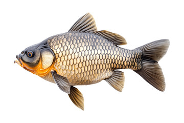 Fototapeta premium Closeup of fresh common carp fish with detailed scales and fins, isolated on white transparent background, concept of aquatic life