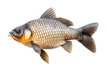 Closeup of fresh common carp fish with detailed scales and fins, isolated on white transparent background, concept of aquatic life