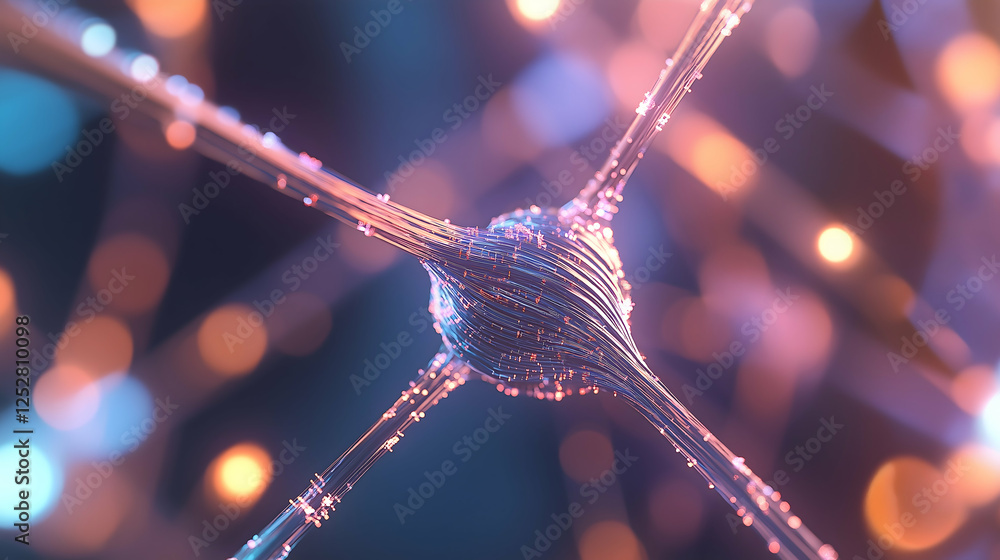 Poster a vibrant, abstract depiction of a neural network, showcasing interconnected nodes and glowing stran