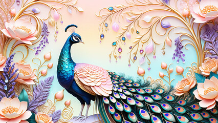 Fototapeta premium Exquisite Peacock Amidst Floral Ornate Design