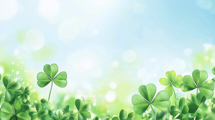 3d realistic clover background with four leaf. Lucky St Patrick day green shamrock border vector illustration. Grass frame header banner with trefoil ireland cloverleaf seasonal spring decoration.