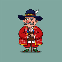 Cartoon Illustration of Elderly Man in Traditional Romanian Clothing