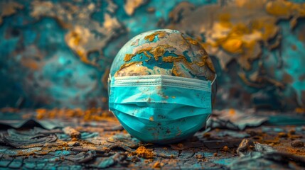 World globe wearing mask symbolizes global pandemic impact and environmental issues in modern society