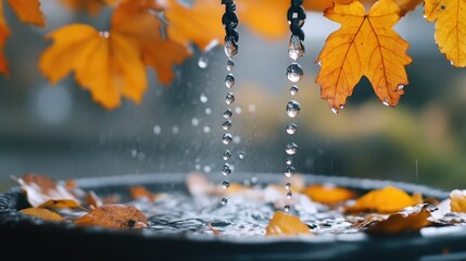 A close-up of a rain chain with water droplets falling into a tank, with orange and yellow leaves nearby