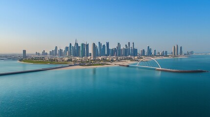 Fototapeta premium Panoramic view of a city skyline with skyscrapers and bridges over turquoise waters under clear skies