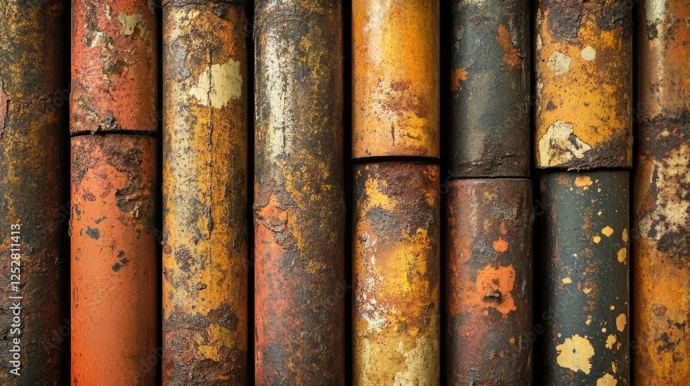 Poster a close-up of corroded pipes arranged in a row, showing rust and surface textures