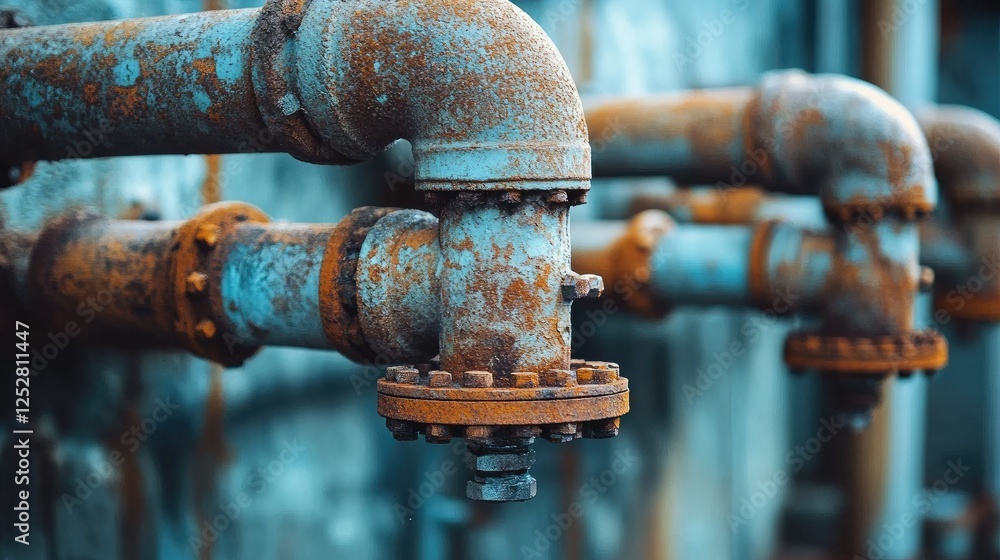 Poster a close-up of corroded pipes arranged in a row, showing rust and surface textures